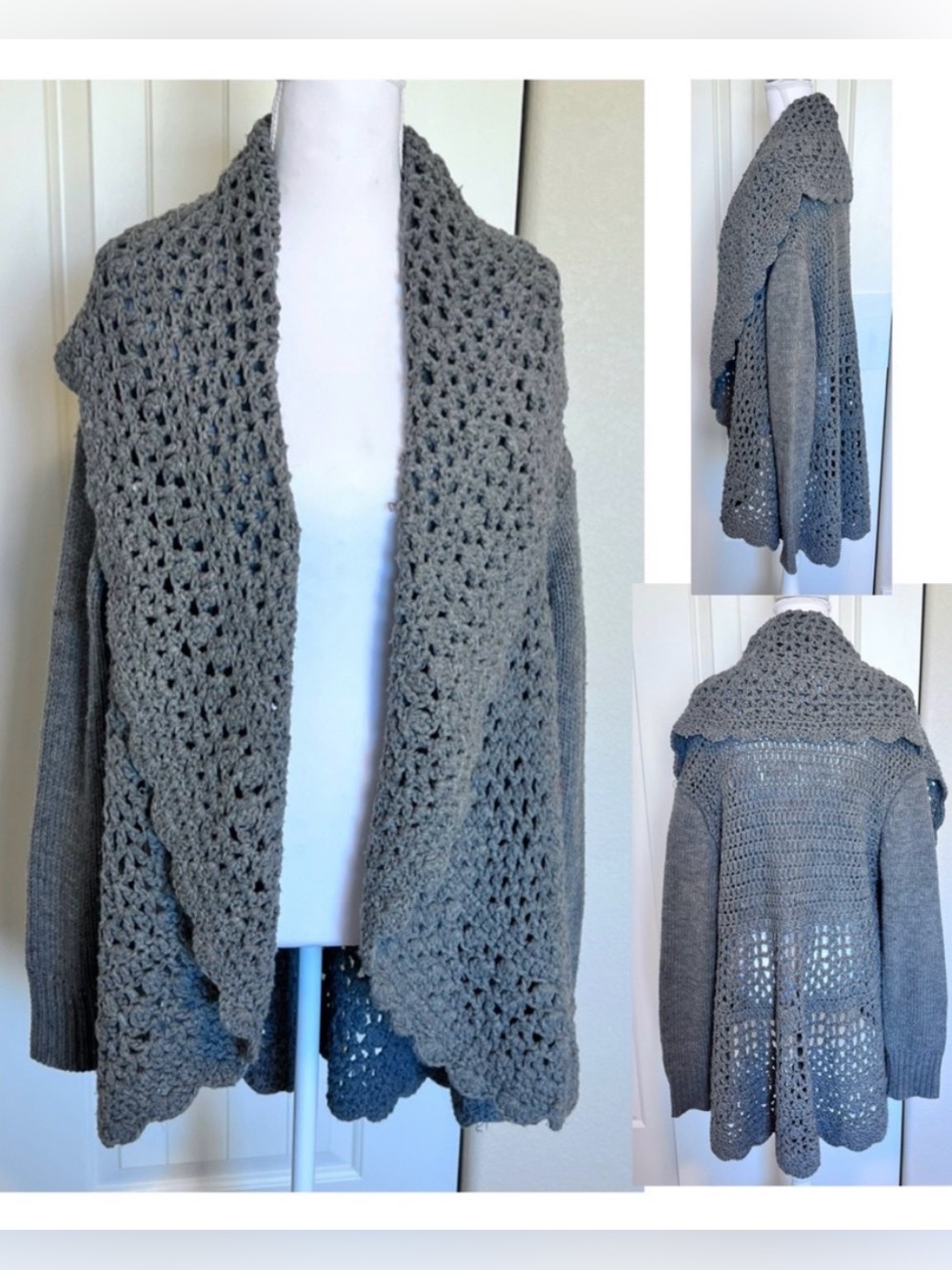 Romeo & Juliet Couture Gray Open Knit Shawl Collar Cardigan Sz Large